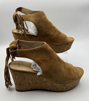 Marc Fisher Brown Suede Fringe Tied Back Wedge Sandals 8.5m , Pre-OWNED